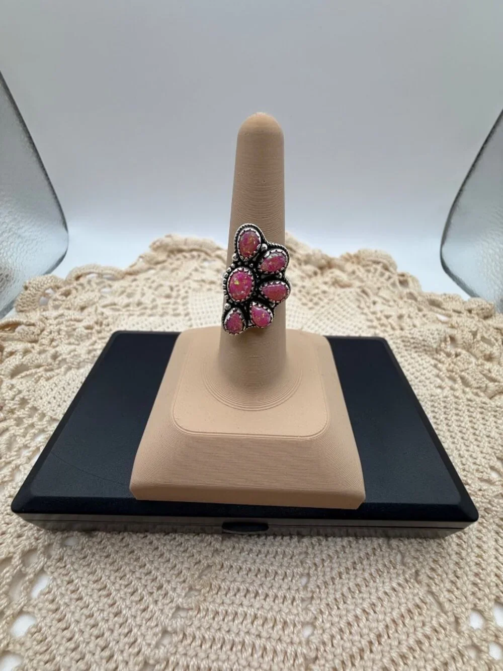 Artisan Sterling Silver Pink Balloon Opal Floral Cluster Statement Ring Sz 6.75